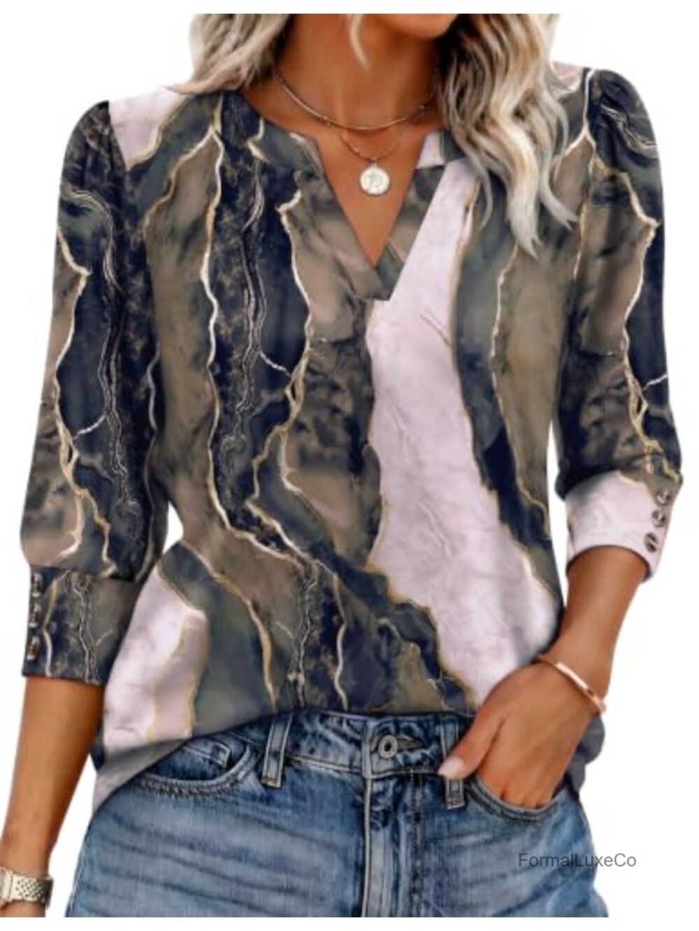 Ekouaer Women's 3/4 Sleeve V-Neck Floral Blouse Dressy Casual Top